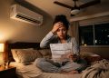 Mulher sentada na cama à noite observa preocupada uma conta de luz, com ar-condicionado ligado na parede e ventilador de teto no quarto.