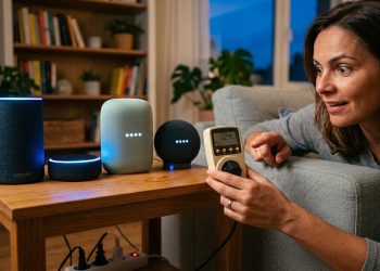 Mulher observa um medidor de energia conectado à tomada enquanto vários assistentes virtuais ficam ligados sobre uma mesa na sala.