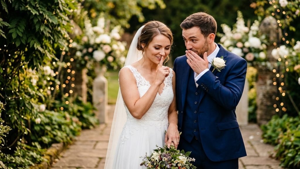 Noivos em jardim fazem gesto de silêncio e parecem compartilhar um segredo durante ensaio de casamento.