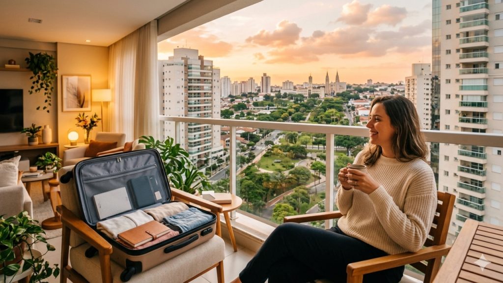 Mulher sentada na varanda de apartamento com mala aberta ao lado, segurando uma xícara e observando a cidade ao pôr do sol.