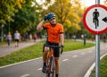 Ciclista observa confuso uma placa de circulação obrigatória para bicicletas em um parque, com ciclovia, árvores e pedestres ao fundo.