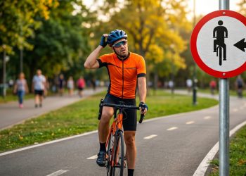 Ciclista observa confuso uma placa de circulação obrigatória para bicicletas em um parque, com ciclovia, árvores e pedestres ao fundo.