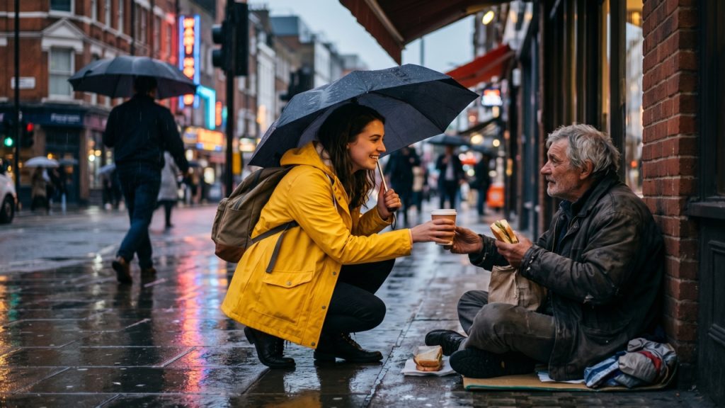 Mulher de capa amarela oferece café e comida a um homem idoso em situação de rua durante um dia chuvoso na cidade.