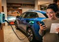 Mulher consulta no celular os gastos de energia enquanto segura uma conta de luz, ao lado de um carro elétrico carregando na garagem.