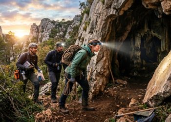 Equipe de exploradores com capacetes e lanternas observa a entrada de uma caverna rochosa ao entardecer, em paisagem natural montanhosa.