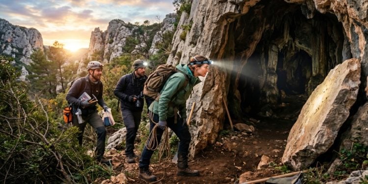 Equipe de exploradores com capacetes e lanternas observa a entrada de uma caverna rochosa ao entardecer, em paisagem natural montanhosa.
