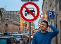 Homem confuso observa uma placa de proibido carros em uma rua urbana, com veículos estacionados e sinal de estacionamento ao fundo.