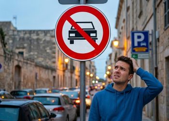 Homem confuso observa uma placa de proibido carros em uma rua urbana, com veículos estacionados e sinal de estacionamento ao fundo.