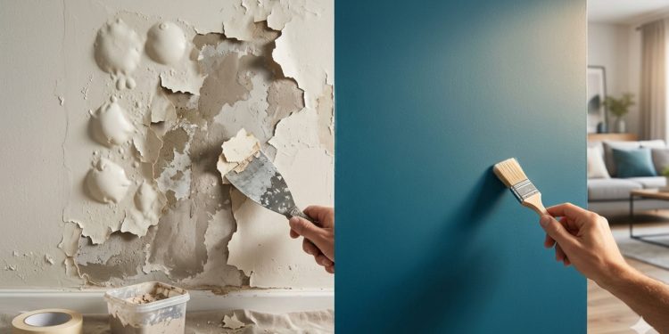Comparação entre parede com tinta descascando e bolhas de umidade e parede azul sendo pintada durante reforma residencial.