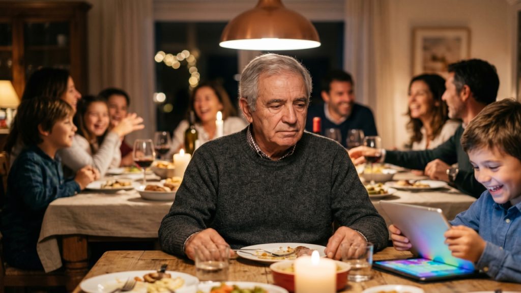 Homem idoso sentado à mesa de jantar parece triste ou isolado enquanto familiares conversam ao fundo e uma criança usa tablet ao lado.