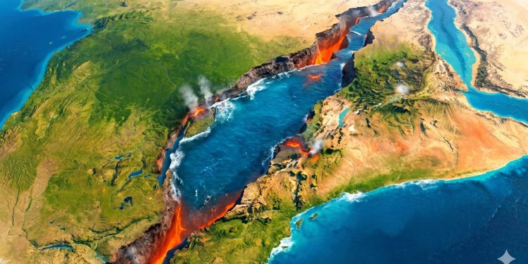 Mapa aéreo estilizado mostra uma grande fenda continental com água azul, lava exposta, fumaça vulcânica e regiões verdes e desérticas ao redor.