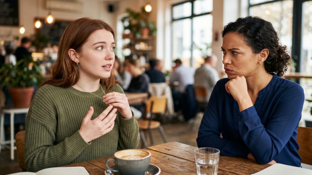 Duas mulheres conversam em uma cafeteria; uma fala com expressão preocupada enquanto a outra escuta com olhar sério e desconfiado.
