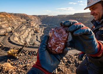 Três mineradores com capacetes e coletes refletores comemoram a descoberta de uma rocha com veios brilhantes em uma mina a céu aberto.