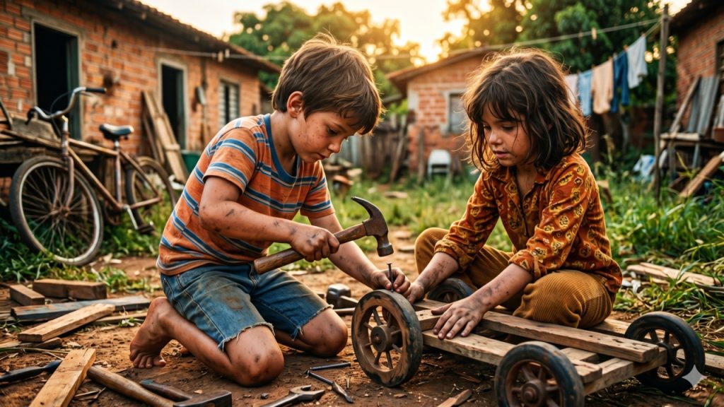 Duas crianças sentadas no chão montam um carrinho de madeira com martelo e ferramentas, em quintal simples ao pôr do sol.