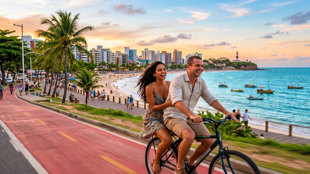 Casal anda de bicicleta pela orla ao pôr do sol, com praia, mar azul, coqueiros, barcos e cidade litorânea ao fundo.