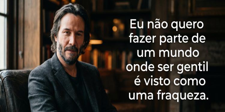 Homem sério sentado em ambiente escuro aparece ao lado de uma frase em português sobre não querer viver em um mundo onde gentileza é vista como fraqueza.