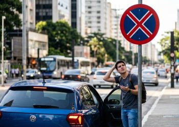 Homem confuso observa uma placa de proibido estacionar ao lado de um carro parado em avenida movimentada.