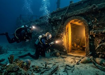 Mergulhadores exploram os destroços de um navio submerso, iluminando uma entrada antiga cercada por corais, ânforas e objetos no fundo do mar.