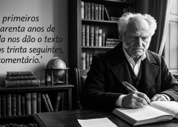 Homem idoso escreve em um livro aberto em uma biblioteca, ao lado de uma frase sobre os primeiros quarenta anos de vida e os trinta seguintes.