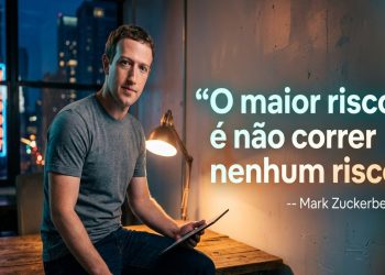 Homem segura um tablet em escritório à noite, ao lado de uma frase sobre assumir riscos e não deixar oportunidades passarem.