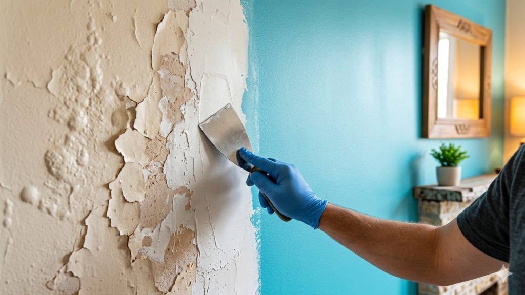Parede com tinta descascando e sinais de umidade sendo raspada com espátula, ao lado de parede azul já renovada em ambiente residencial.