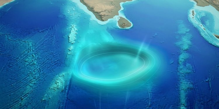 Mapa geofísico mostra a anomalia de gravidade no Oceano Índico