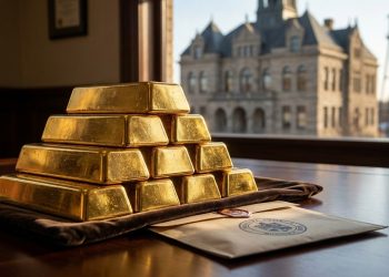 Barras de ouro empilhadas sobre uma mesa, ao lado de um documento oficial, com prédio público visto pela janela ao fundo.