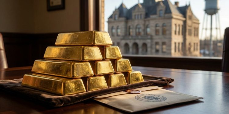 Barras de ouro empilhadas sobre uma mesa, ao lado de um documento oficial, com prédio público visto pela janela ao fundo.