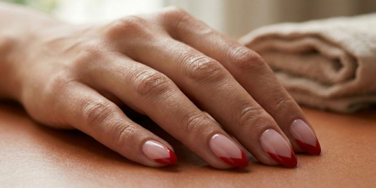 Unhas curtas com esmaltação italiana vermelha em mesa de salão