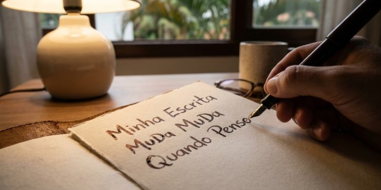 Caderno mostra letras maiúsculas e minúsculas misturadas em escrita expressiva