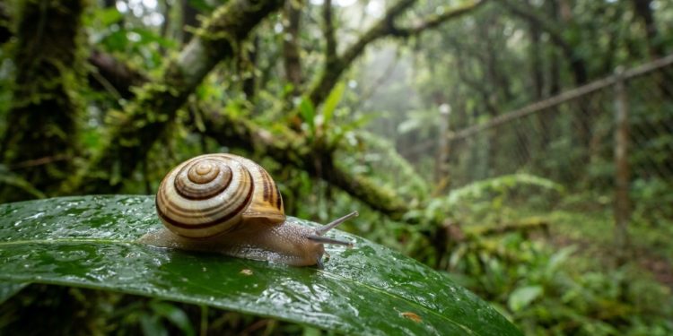 Caracol do Havaí reintroduzido em folha úmida na floresta de Oʻahu