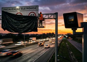 Radar de fiscalização eletrônica ao lado de rodovia movimentada, com trabalhador ajustando uma placa de limite de velocidade ao entardecer.