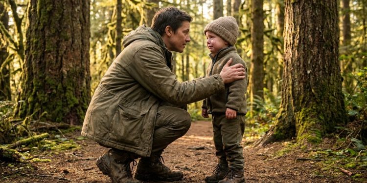 Fotografia tátil e documental capturando um momento de conexão e validação emocional ativa entre pai e filho em uma trilha de floresta autêntica, sob luz dourada dramática e texturas táteis