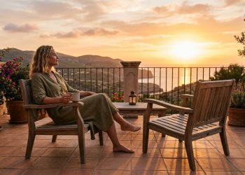 Mulher sentada em um terraço com xícara na mão, observando o pôr do sol sobre o mar e as montanhas.