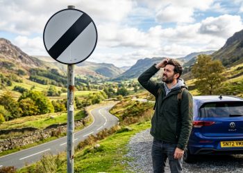 Homem parado ao lado de um carro em uma estrada rural, observando uma placa de fim de restrição em meio a montanhas verdes.