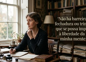 Mulher escrevendo em uma mesa de madeira em uma biblioteca, ao lado de uma frase sobre liberdade da mente.