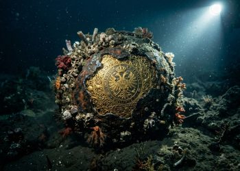Robô submarino amarelo ROV Deep Explorer iluminando um baú dourado imperial com brasão de águia bicéfala no fundo do mar, cercado por ânforas, moedas e destroços de um naufrágio.