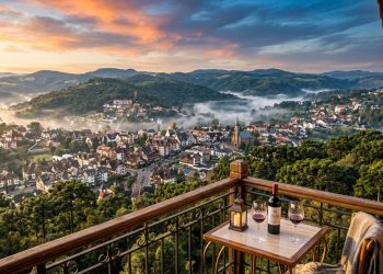 Vista panorâmica de cidade serrana ao amanhecer, com varanda, taças de vinho e montanhas cobertas por névoa ao fundo.
