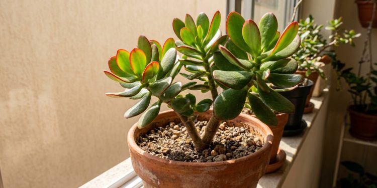 Planta-jade em vaso exibe folhas verdes com bordas vermelhas