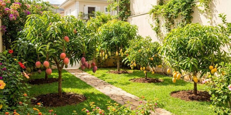 Cinco variedades de mangueira aparecem plantadas no solo em um jardim pequeno, verde e florido