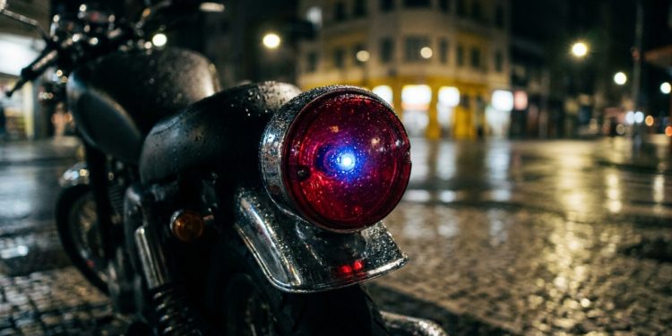 Lanterna traseira de moto mostra ponto azul brilhando no centro