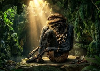 Figura mumificada sentada em uma caverna iluminada por feixes de luz, cercada por rochas, vegetação e pequenos artefatos no chão.