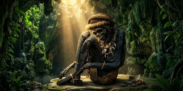 Figura mumificada sentada em uma caverna iluminada por feixes de luz, cercada por rochas, vegetação e pequenos artefatos no chão.