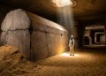 Pesquisador observa um grande sarcófago de pedra com inscrições antigas em uma câmara subterrânea iluminada por feixe de luz.