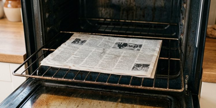 Basta colocar uma folha de jornal dentro do forno e deixá-lo fechado por uma noite para resolver o problema que deixa o cheiro de gordura acumulada