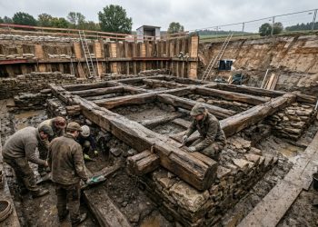 A construção moderna precisou parar após arqueólogos identificarem uma estrutura de 2.400 anos enterrada no local