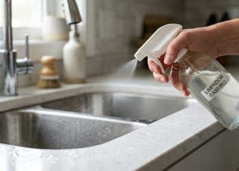 Qual a finalidade de borrifar água com sal ao redor da pia da cozinha e por que isso é recomendado?