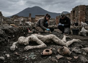 Arqueólogos descobrem restos mortais de homem que tentou escapar da erupção do Monte Vesúvio em 79 d.C. na antiga Pompeia