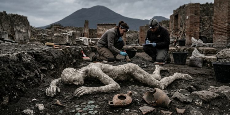 Arqueólogos descobrem restos mortais de homem que tentou escapar da erupção do Monte Vesúvio em 79 d.C. na antiga Pompeia