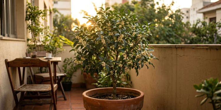 Jasmim-do-imperador florido em vaso na varanda